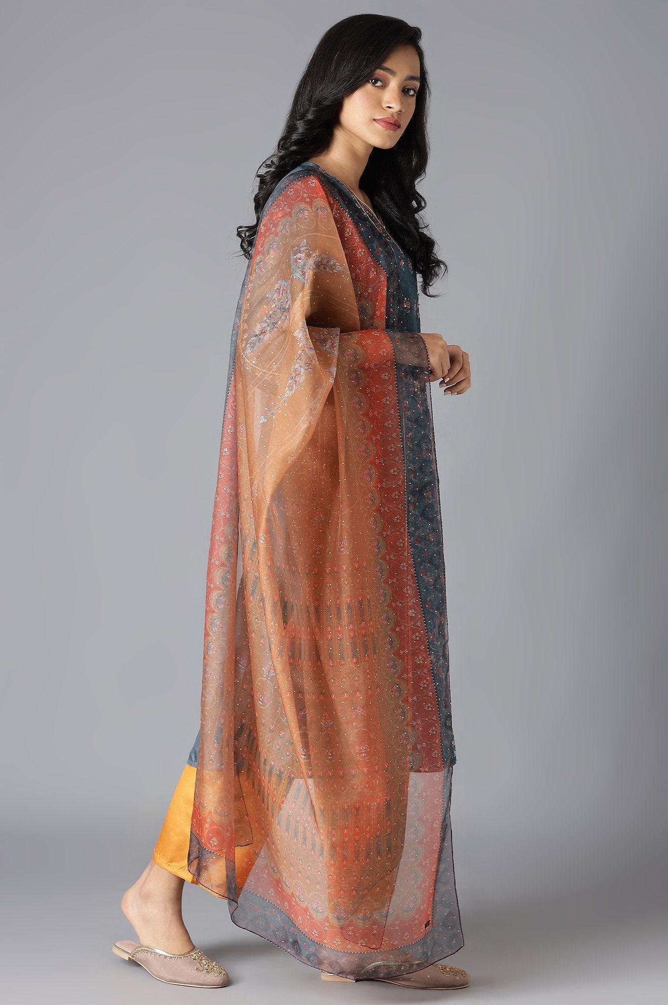 Teal Mock Layer kurta, Orange Parallel Pants And Dupatta Set - Image 2